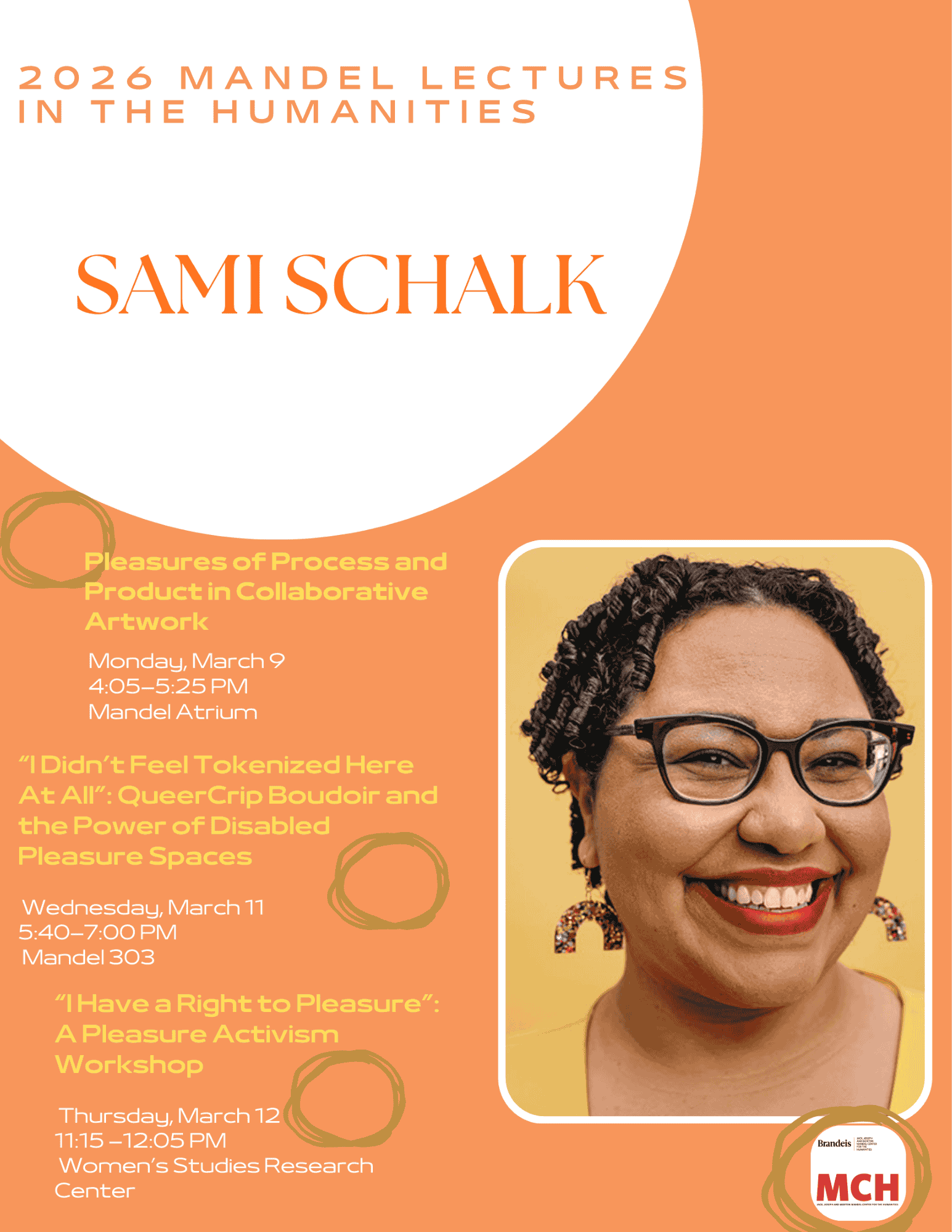 Orange flyer with photo of African American woman wearing glasses.
