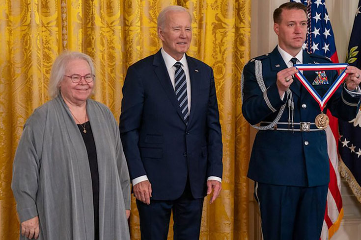 Professor Marder stands next to President Biden and receives the National Medal of Science