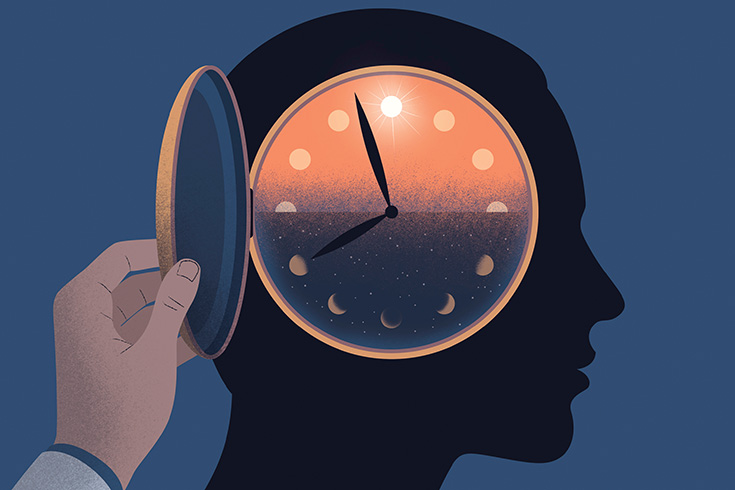 Illustration of a hand opening a clock inside the silhouette of a human head