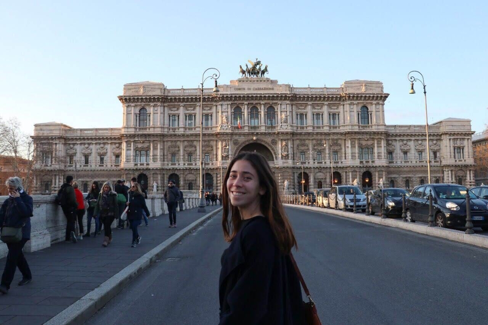 Sophia walking towards the Palace of Justice located in Prati (a residential area of Rome) and across the river from the IES center where classes were held.
