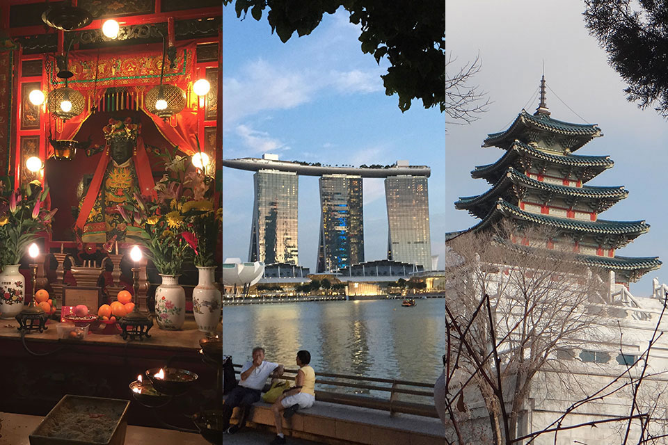 three images of locations in Asia including Hong Kong, Singapore and South Korea