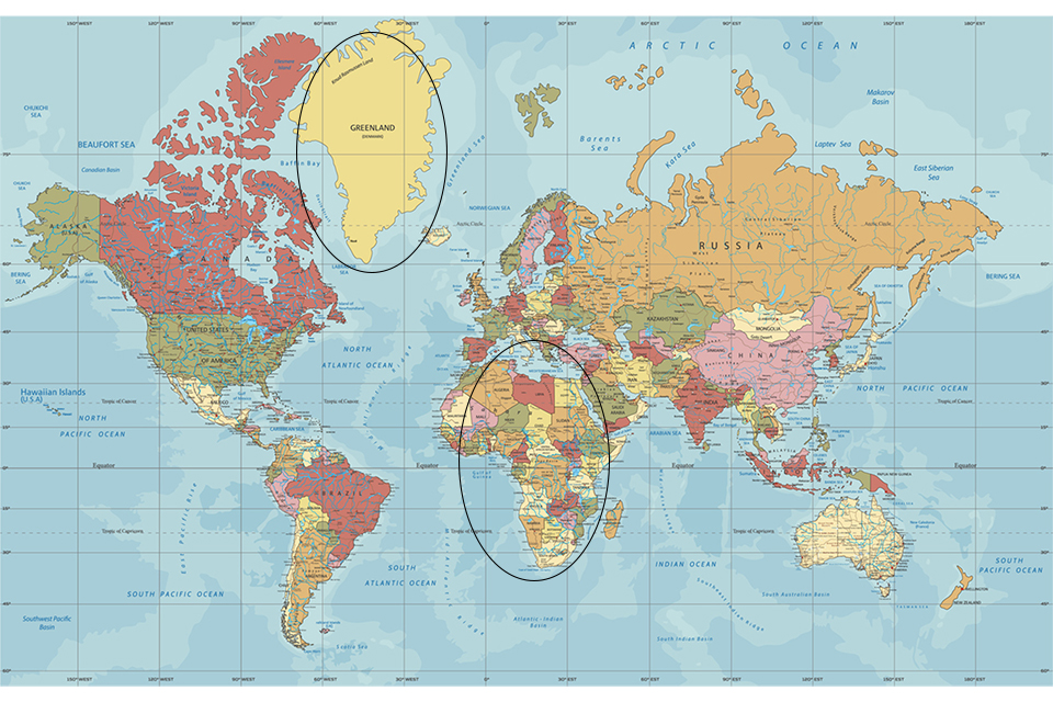 A map showing that Greenland and Africa are portrayed as roughly the same size.