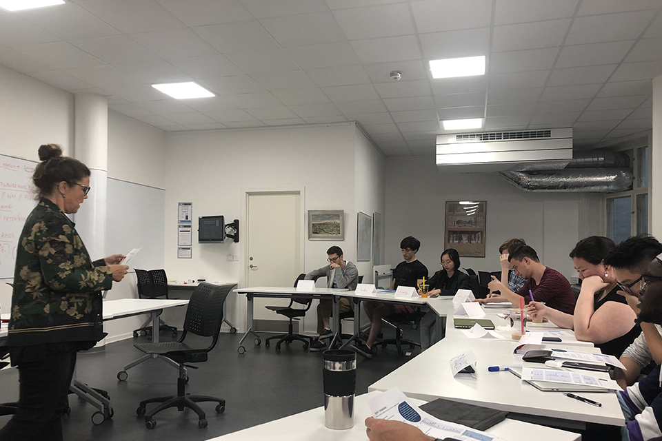 Brandeis students in class with a Danish faculty member during Brandeis in Copenhagen 2019