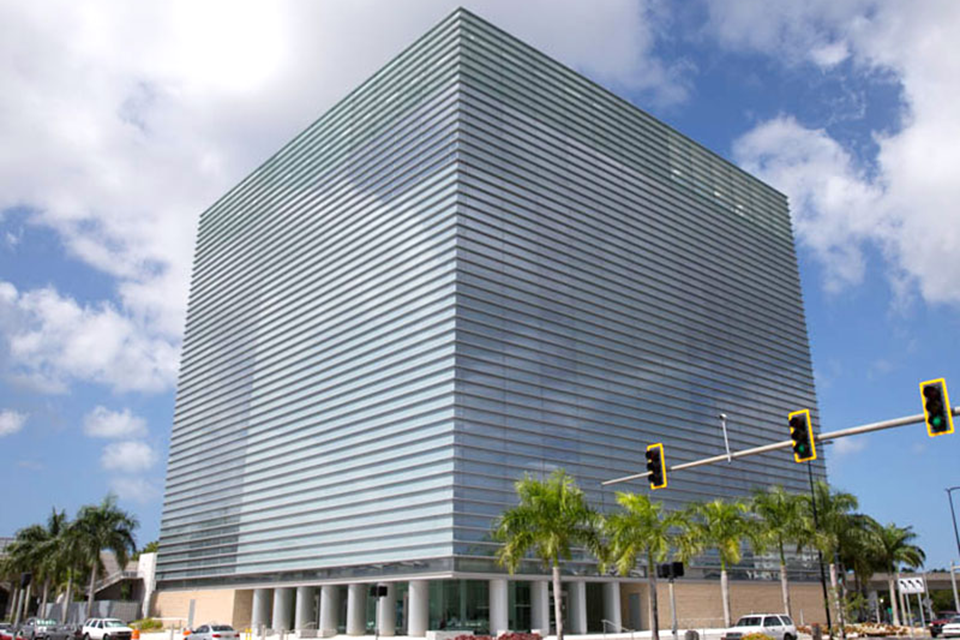 An aerial view of the Molecular Sciences Research Center, an eight story glass building with laboratory space inside