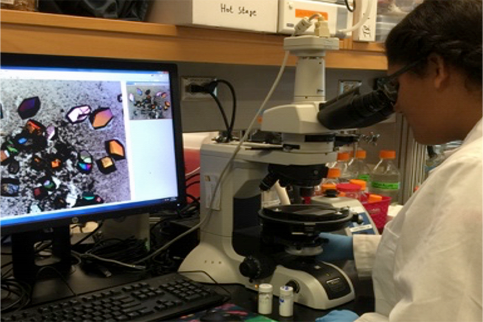 Mounting a crystal for a single-crystal X-ray diffraction analysis at the X-ray facility in the Molecular Sciences Research Center.