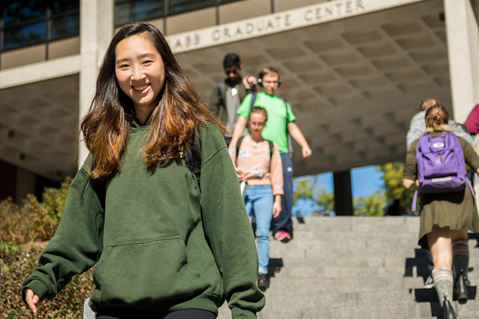 Students walking up and down the Rabb Steps near the Brandeis University Academic Quad