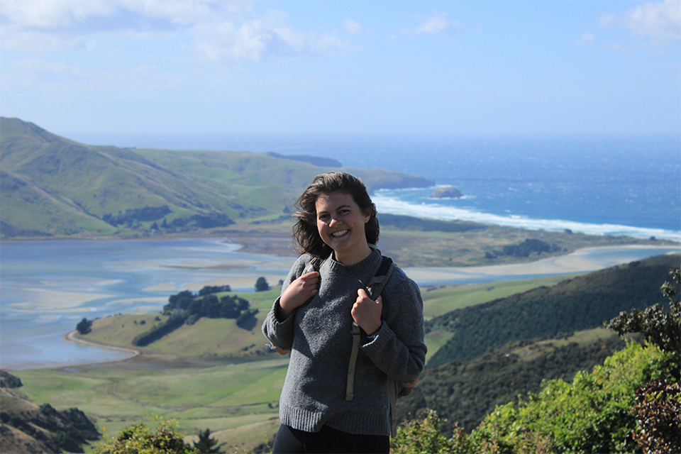 Claudia Davis in New Zealand overlooking water