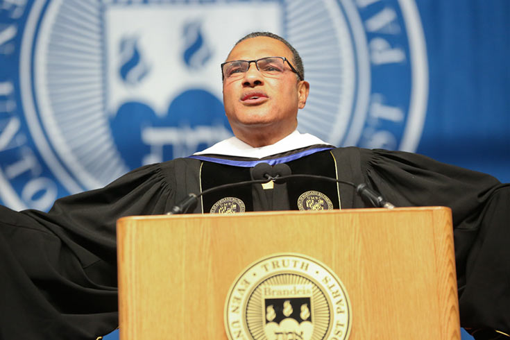 Freeman A. Hrabowski III speaks energetically at the podium during Commencement