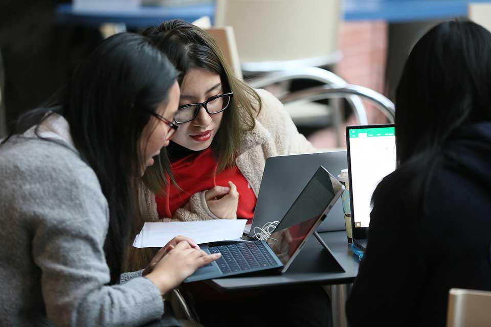 Students look at a computer together