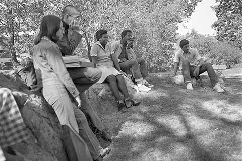 Historical photo of students standing outdoors