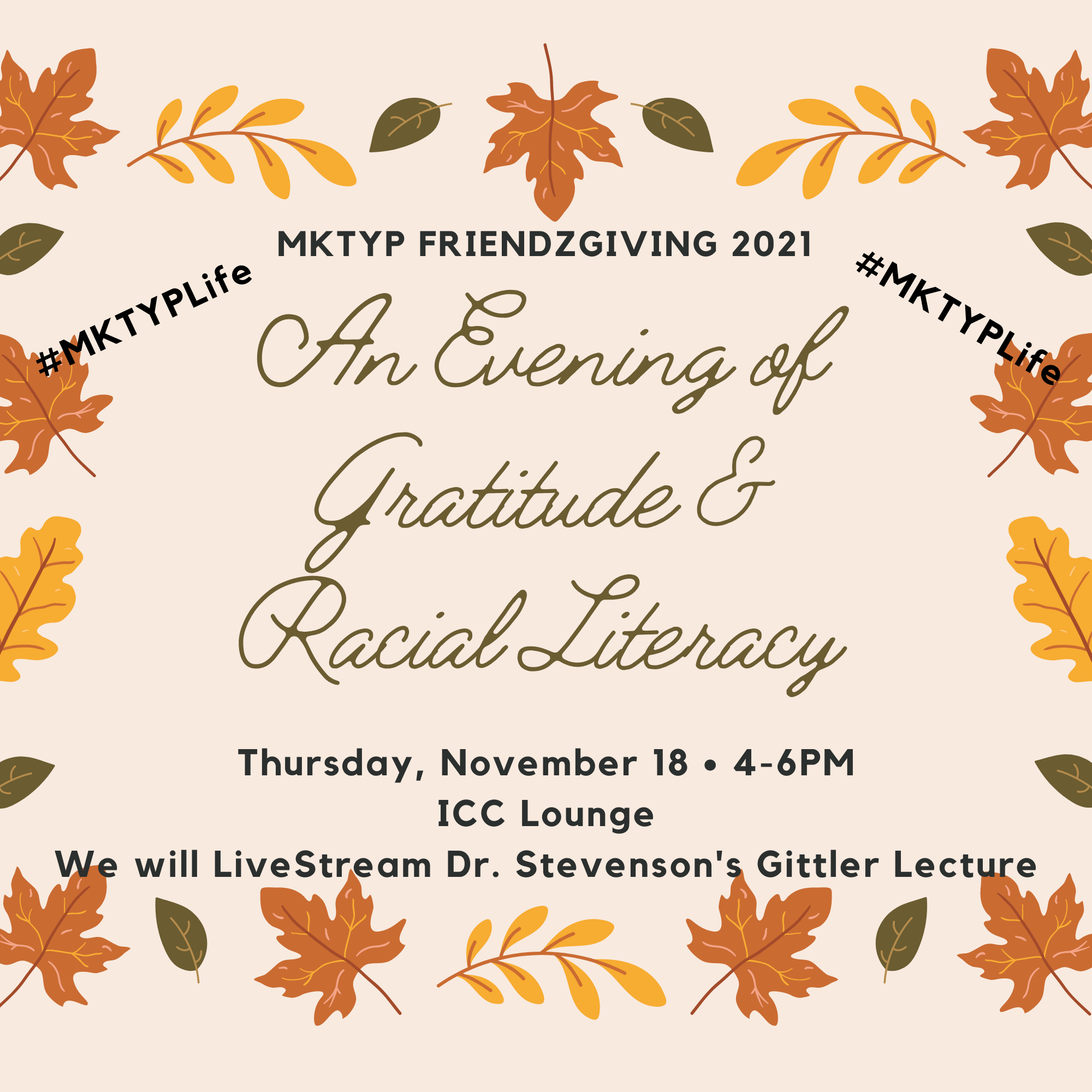 Flyer text reads: An Evening of Gratitude and Racial Literacy