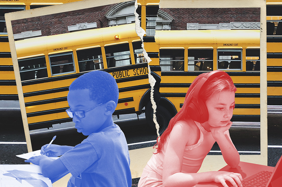 Illustration. School bus in background, two students in foreground. Photo is ripped.