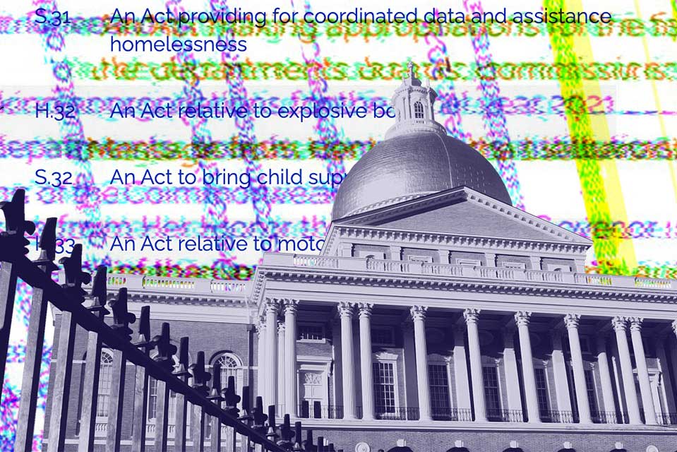 Graphic illustration with the Massachusetts Statehouse, in gray, in the foreground, and phrases from various legislation in blue text, some highlighted in yellow, criss-crossing in the background.