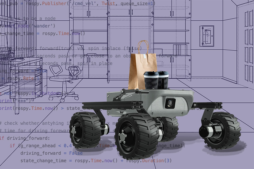 A four wheeled rover-type robot in the foreground with an architectural-style sketch of an office space in the background. The robot has two cups of coffee and a brown paper bag resting on top of it.