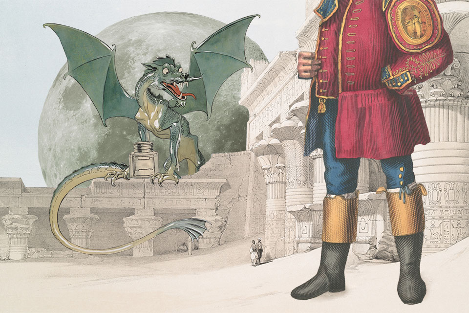 Graphic collage illustration that shows various fantasy characters, with a green dragon in the background and a scene from Gulliver's Travels that shows the central character, giant, extending beyond the scenery and image frame, in the foreground.