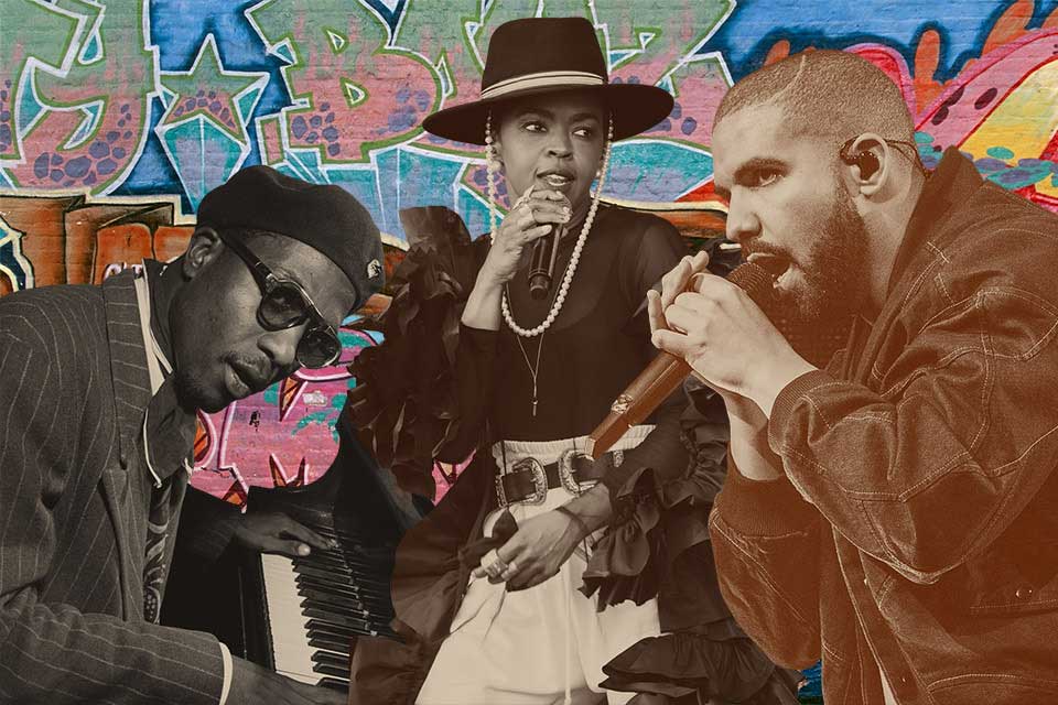 Graphic collage with graffiti art in the background and musical artists, from left to right, Thelonious Monk, Lauryn Hill and Drake in the foreground.