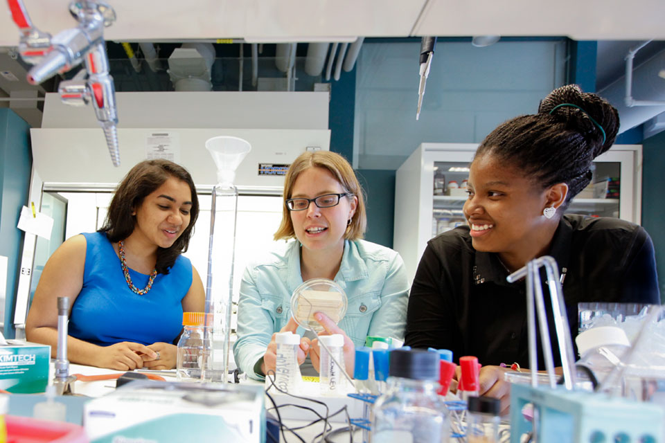 Melissa Kosinski-Collins talks with 2 students in the lab