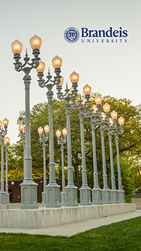 Light of Reason outdoor art installation of antique lampposts with Brandeis University logo and seal