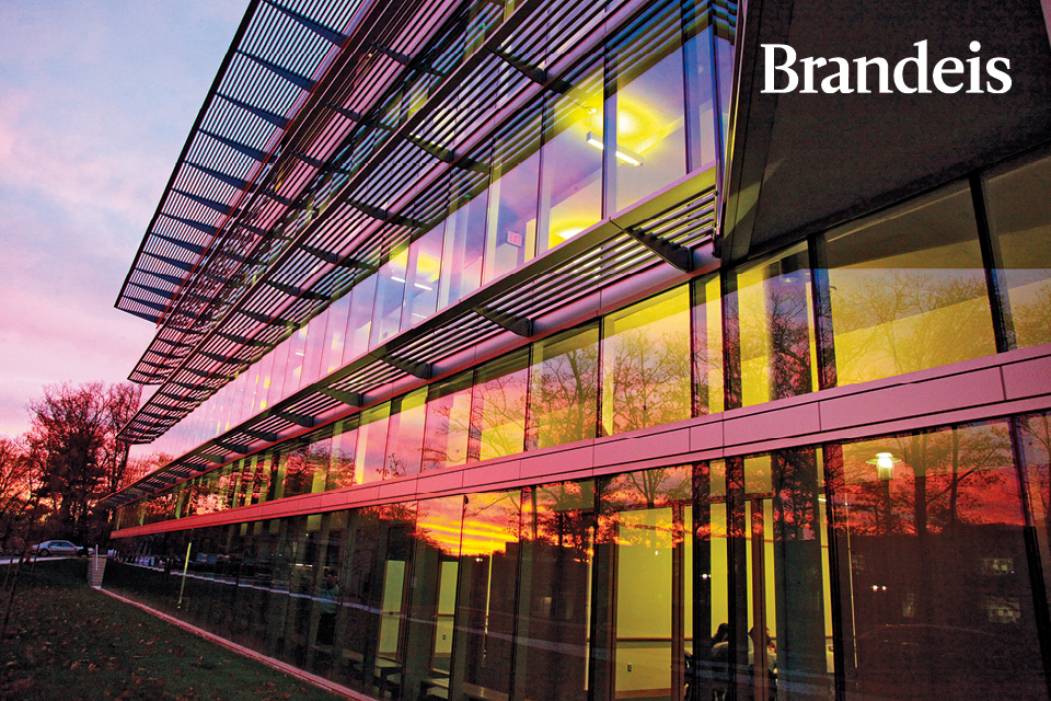 Sunset reflected on a wall of windows of the Mandel Center for the Humanities with text that reads Brandeis.