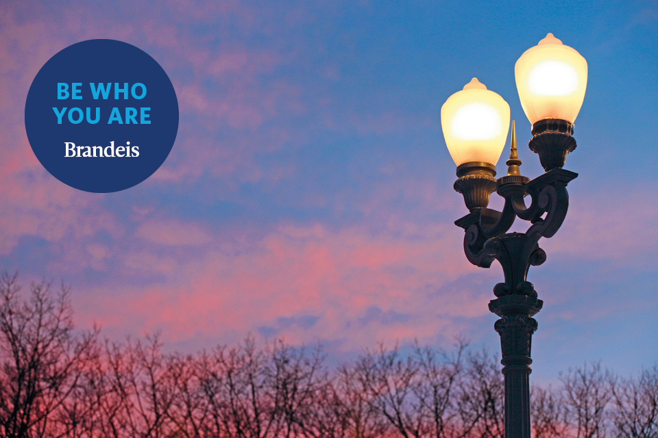 An antique Victorian lamppost from the Light of Reason sculpture at sunset with text that reads Brandeis