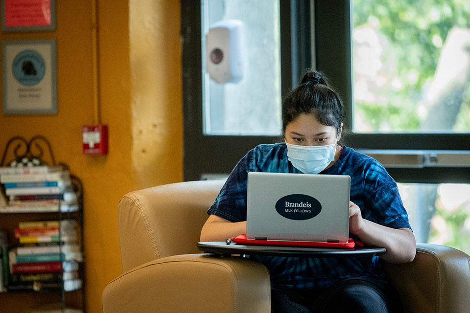 Student at computer with MLK Fellows sticker