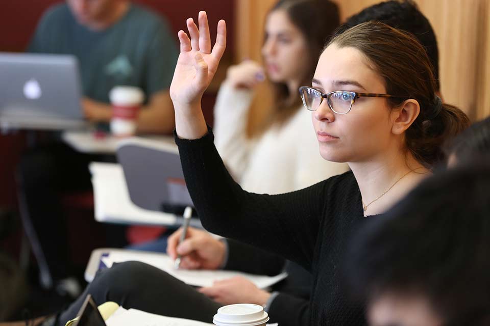 Student raising hand in class