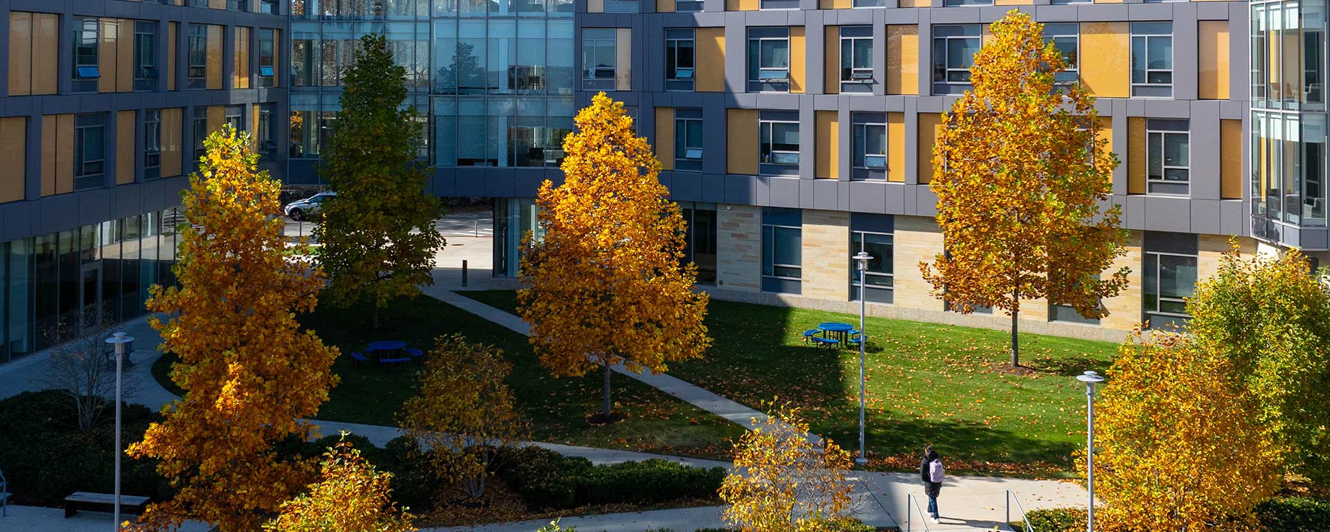 Exterior of the Skyline residence hall and the Brandeis campus in fall