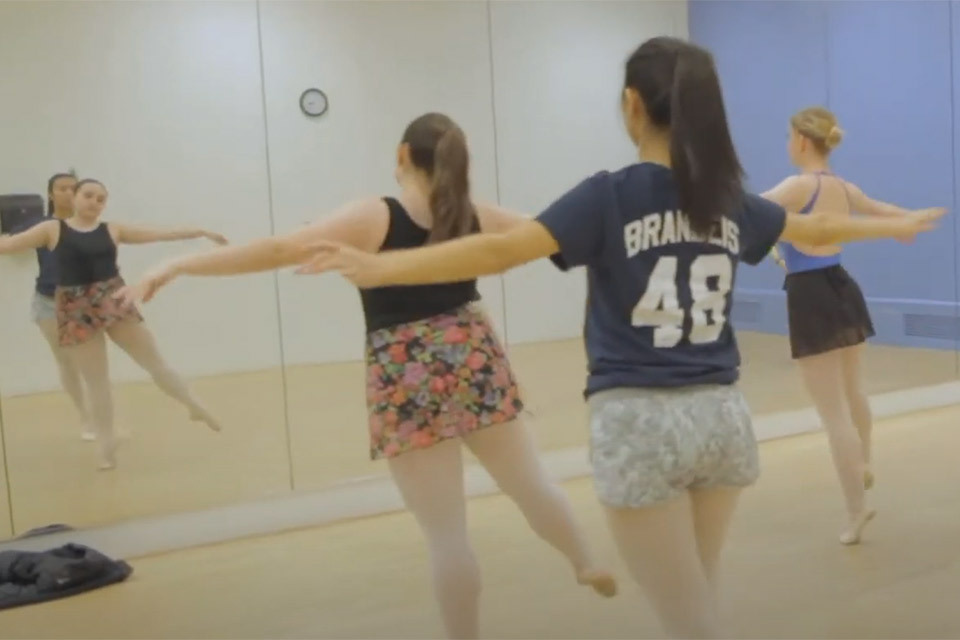Students dancing ballet in front of a mirror