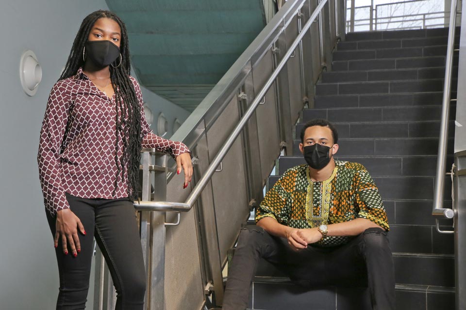 Students wearing masks in the campus center