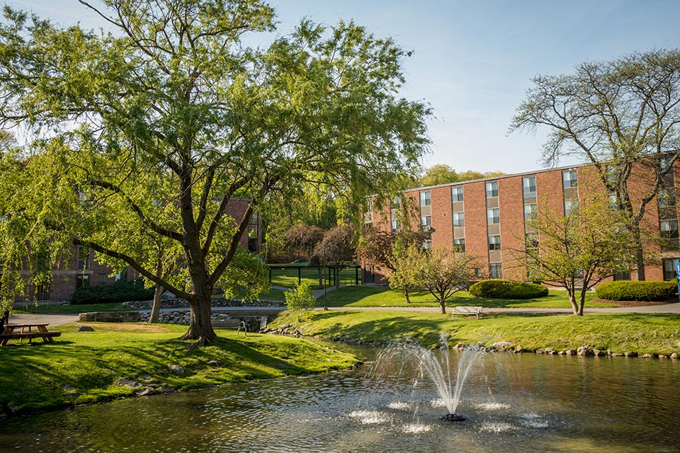 Massell Quad in spring, with a fountain in the foreground