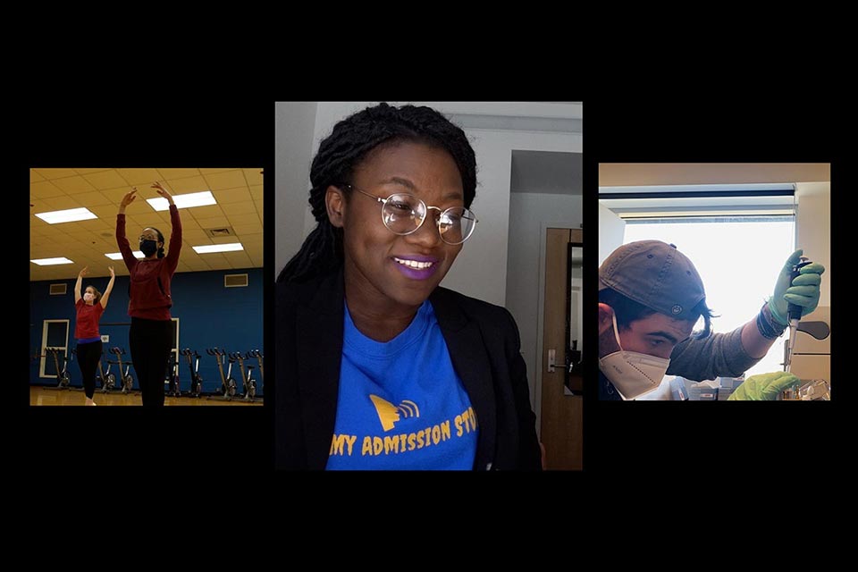 Screenshots of 3 students: A student dancing, a student smiling at work, a student in a research lab