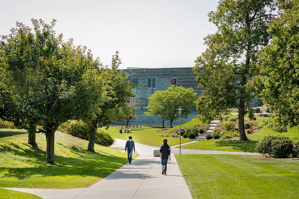 Students walk through Brandeis campus