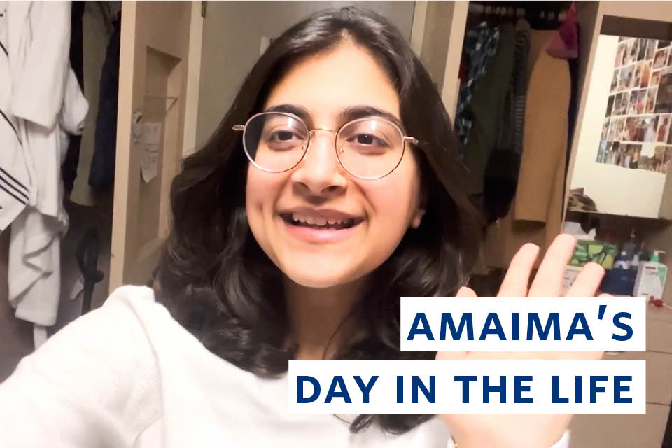 Amaima smiling. The words Amaima's Day in the Life are on the right.