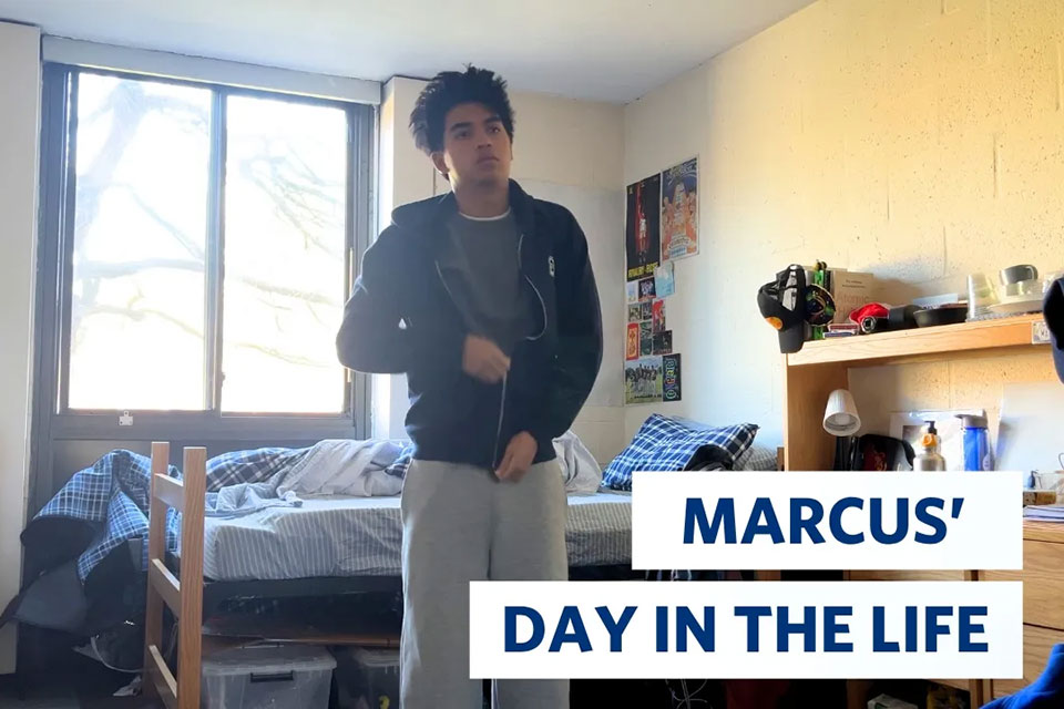Marcus getting ready for his day in his dorm room. Text reads: Marcus' Day in the Life