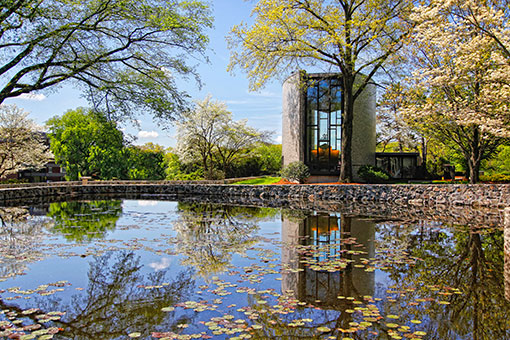 Chapel reflecting in Chapels Pond 