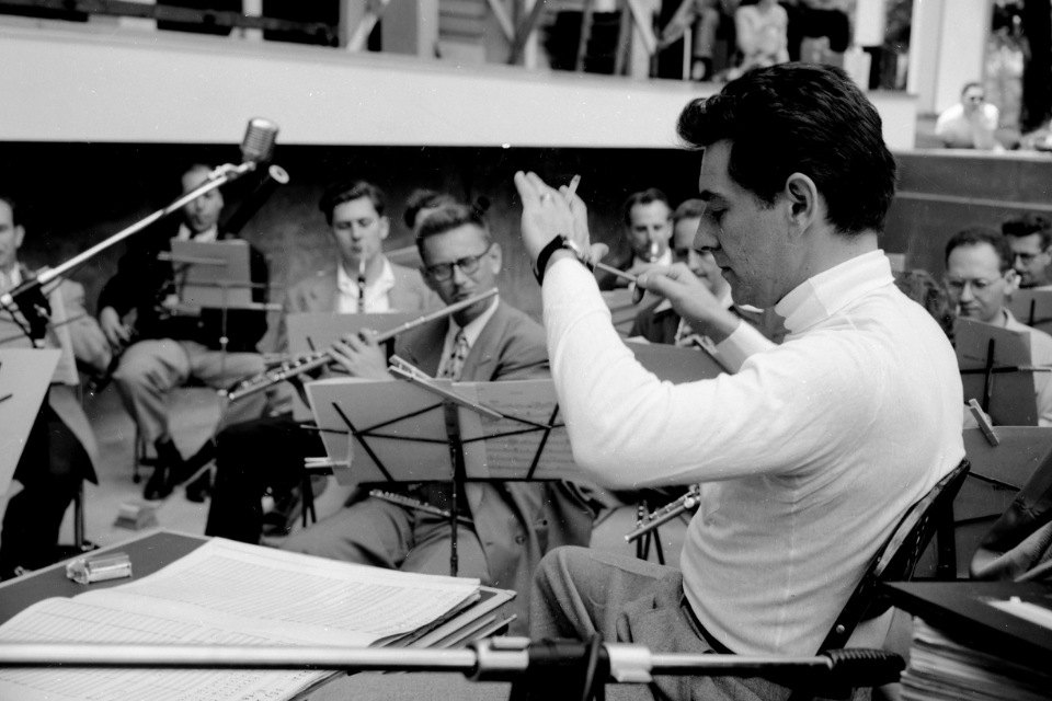 Leonard Bernstein conducting at a rehearsal for Trouble in Tahiti at the Brandeis Creative Arts Festival
