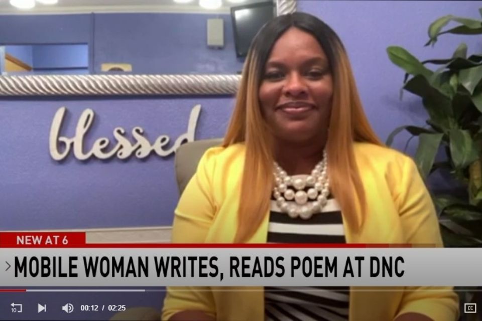 Japonica Brown, and a news caption that says "Mobile Woman Writes, Reads Poem at DNC"