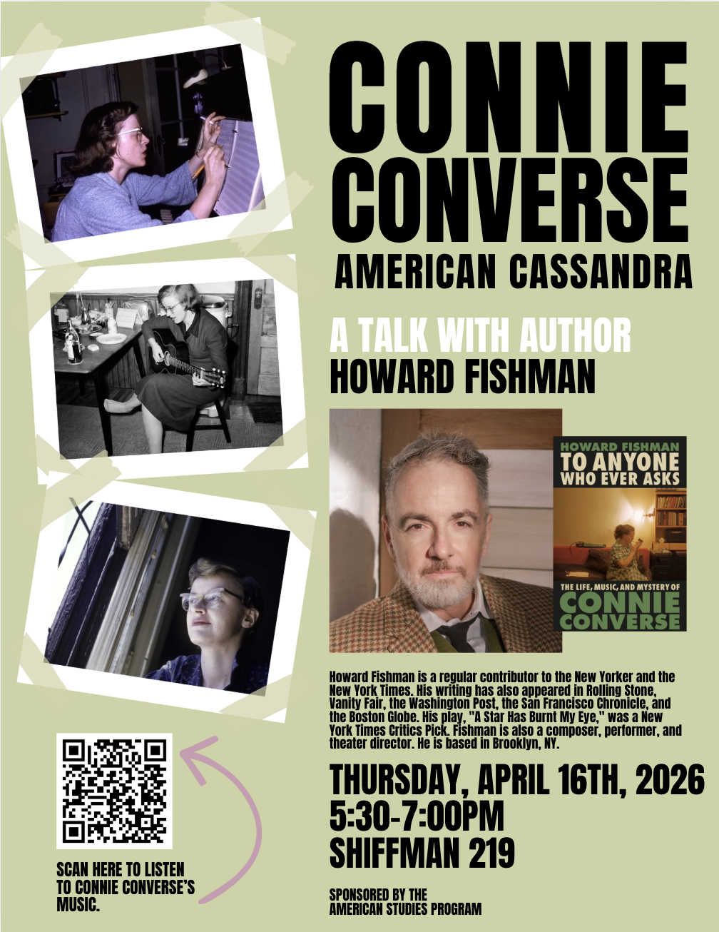 Photos of woman in glasses playing the piano, looking out the window, and writing music on light green background.