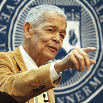 civil rights activist Julian Bond gestures during speech on the brandeis campus