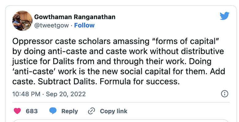 Gowthaman's tweet from Nov 7, 2022: Remembering when youth for equality, an anti-reservation youth group, visited NLS and were supported by a celebrated Brahmin consti prof whose comments received thunderous applause. It made me want to disappear. Today I feel that applause again through the court’s ews judgment.