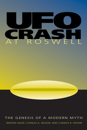 Book cover "UFO Crash at Roswell" wth a large yellow oval