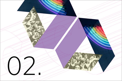 Collage featuring a crowd at a historic LGBTQ+ march and a neon rainbow, representing the 2021–2022 Critical Conversations Talk 01, entitled “The “Ins” and “Outs” of LGBTQ+ Community.”