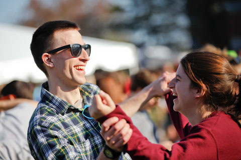 Two people having fun and laughing.