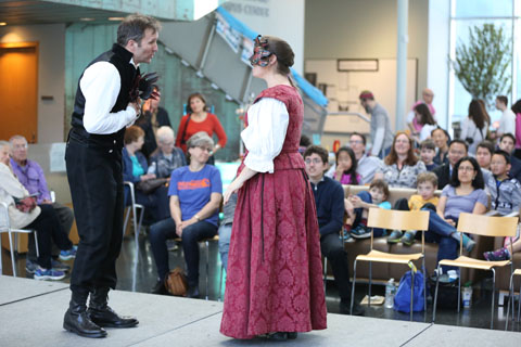 Nighthorse Theatre members in period costume, performing scenes from Shakespeare in front of an audience of all ages.