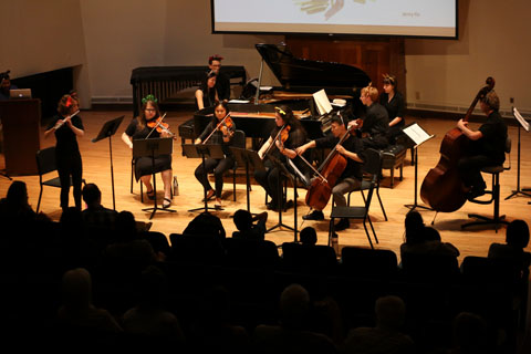 Members of the Brandeis-Wellesley Orchestra perform in Slosberg Music Center