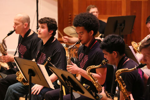 Orchestral horn performers playing at a festival concert.