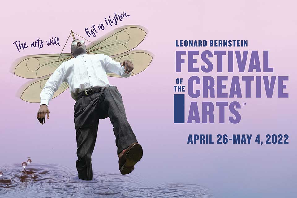 Text on a blue background that says Leonard Bernstein Festival of the Creative Arts April 26-May 4, 2022