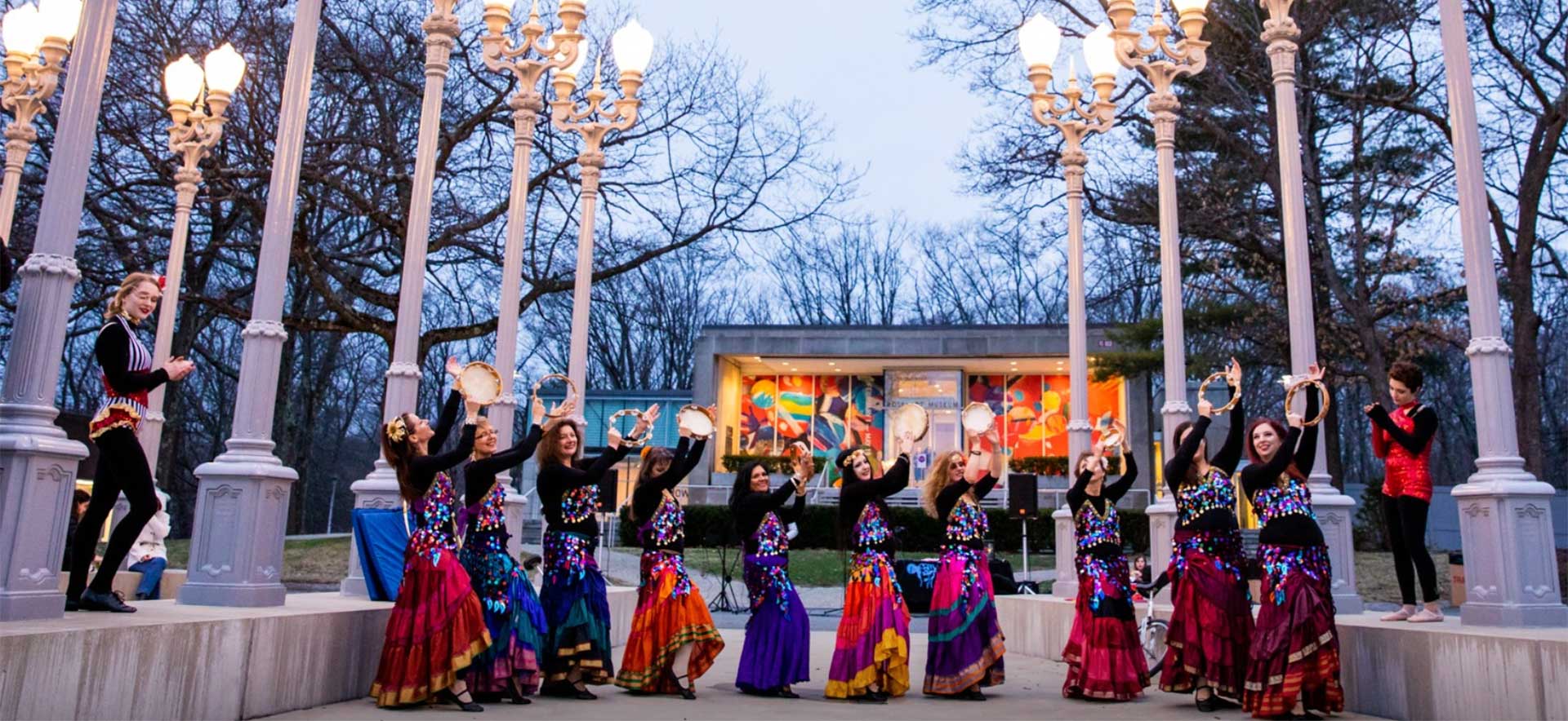 circus performers outside the Rose Art Museum