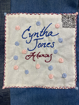 Sewn patch with the name Cyntha Jones