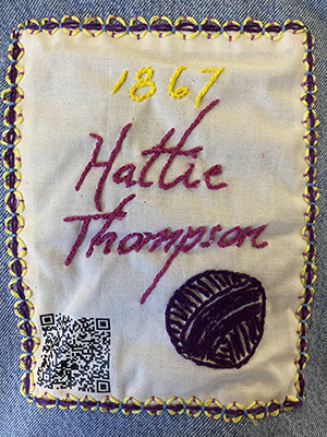 Sewn patch with the name Hattie Thompson